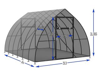 Skleník Kvapka 3,1mx2,3m 20x20mm Pozinkovaná konštrukcia Rozmer skleníka: Dĺžka 8m + 4mm polykarbonát