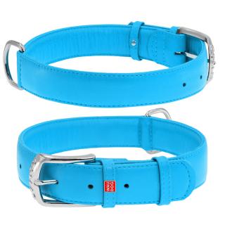 Plochý veľmi kvalitný kožený dvojvrstvový obojok pre psa modrej farby Obvod krku: 19-25 cm, 	širka:    9 mm
