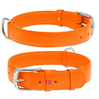 Plochý veľmi kvalitný kožený dvojvrstvový obojok pre psa oranžovej farby Obvod krku: 18-21 cm,	širka:    9 mm