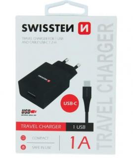 SWISSTEN sieťová nabíjačka, 1 x USB-A, 1A, SMART IC + dátový kábel USB-C s dĺžkou 1,2m