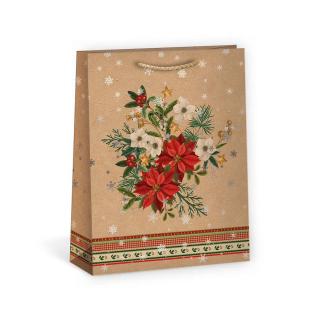 ARGUS papierová darčeková VIANOČNÁ taška  NATUR  (prírodná) T4, Vianočná kytica