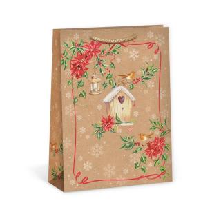 ARGUS papierová darčeková VIANOČNÁ taška  NATUR  (prírodná) T5, Zasnežená vtáčia búdka