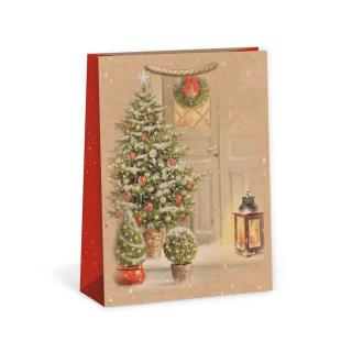 ARGUS papierová darčeková VIANOČNÁ taška  NATUR  (prírodná) T5, Zasnežený Vianočný Stromček