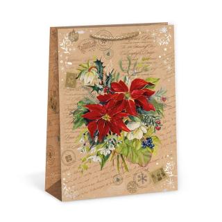ARGUS papierová darčeková VIANOČNÁ taška  NATUR  (prírodná) T8, Vianočné Kytice