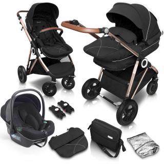 Kombinovaný kočík Halime AIR BabyGo 3v1 black/gold (Športový kočík ,hlboká vanička+autosedačka)