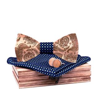 Mahoosive Drevený motýlik 3D s vreckovkou a manžetovými gombíkmi T262-C1