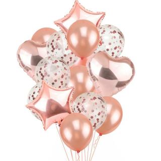 Fóliové balóniky - ružovo-zlatý mix s konfetami 14 ks (6887)