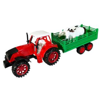 Traktor s prívesom a zvieratami na zotrvačník 32 cm červený