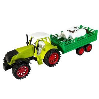 Traktor s prívesom a zvieratami na zotrvačník 32 cm zelený
