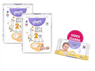 Bella Happy Soft & Delicate BigPack veľ. 2 (3-6 kg) - 156 ks (2x78 ks)  + Panda Soft vlhčené obrúsky á 56 ks