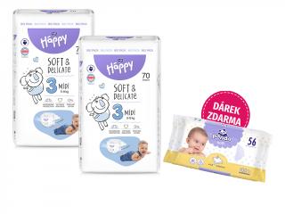 Bella Happy Soft & Delicate BigPack veľ. 3 (5-9 kg) - 140 ks (2x70 ks)  + Panda Soft vlhčené obrúsky á 56 ks