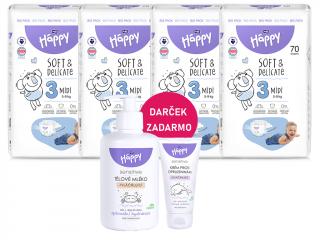 Bella Happy Soft & Delicate BigPack veľ. 3 (5-9 kg) - 280 ks (4x70 ks)  + Bella Baby Happy Telové mlieko 300 ml + Krém proti zapareninám 20 ml