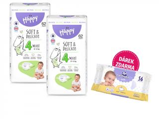 Bella Happy Soft & Delicate BigPack veľ. 4 (8-14 kg) - 124 ks (2x62 ks)  + Panda Soft vlhčené obrúsky á 56 ks