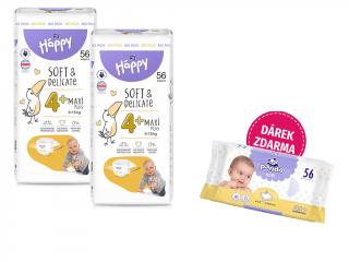 Bella Happy Soft & Delicate BigPack veľ. 4+ (9-15 kg) - 112 ks (2x56 ks)  + Panda Soft vlhčené obrúsky á 56 ks