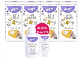 Bella Happy Soft & Delicate BigPack veľ. 4+ (9-15 kg) - 224 ks (4x56 ks)  + Bella Baby Happy Telové mlieko 300 ml + Krém proti zapareninám 20 ml