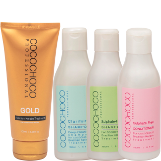 COCOCHOCO Brazílsky keratín sada Gold 100 ml (24k zlato. Pre extra hladké a lesklé vlasy) 4 ks (keratín Gold 100 ml, čistiaci šampón 150 ml + bezsulfátový šampón 150 ml + kondicionér 150 ml)