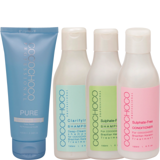 COCOCHOCO brazílsky keratín sada PURE 100 ml (pre tenké a veľmi poškodené vlasy) 4 ks (keratín pure 100 ml, čistiaci šampón 150 ml + bezsulfátový šampón 150 ml + kondicionér 150 ml)