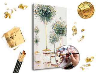Maľovanie podľa čísel PREMIUM GOLD – Stromový sad (Sada na maľovanie podľa čísel ARTMIE so zlatými plátkami)