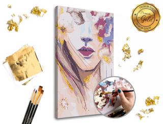Maľovanie podľa čísel PREMIUM GOLD – Žena s kvetinami (Sada na maľovanie podľa čísel ARTMIE so zlatými plátkami)
