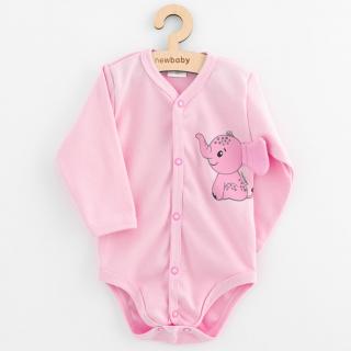 Dojčenské celorozopínacie body s dlhým rukávom New Baby Happy Elephant pink 56 (0-3m)