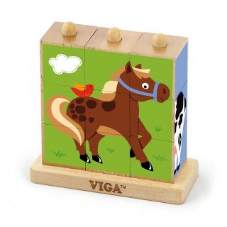 Drevené puzzle kocky na stojane Viga Farma