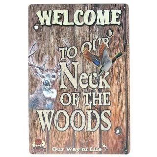 Plechová tabuľa retro Welcome to our Neck of the woods 20 x 30 cm (plechová ceduľa s lesným motívom)