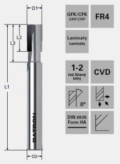 Diamantová fréza pre CFK/GFK; D1=10,0 / D2=10,0/ L1=60/ L2=8,0 mm