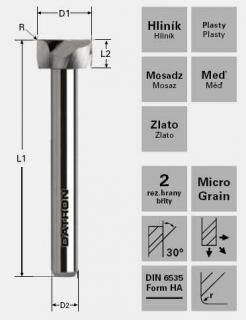 Dvojbritá fréza 30°; D1=12,0 / D2=6,0 / L1=50 / L2=6,0 / R=0,5 mm