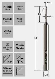 Dvojbritá fréza; D1=0,9 / D2=3,0 / D3=0,85 / L1=40 / L2=1,30 / L3=6 mm