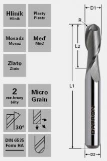 Fréza s guľovým čelom K30/K40; D1=0,3 / D2=3,0 / L1=40 / L2=0,5mm