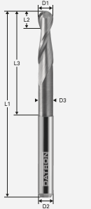 Fréza s guľovým čelom K30/K40; D1=0,4 / D2=3,0 / D3=0,35/L1=40,0/L2=0,60/L3=2,0/ R=0,2mm