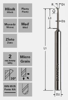 Fréza s guľovým čelom K30/K40; D1=0,6 / D2=3,0 / D3=0,55/L1=40,0/L2=0,90/L3=4,0 / R=0,3mm