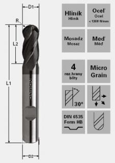 Fréza s guľovým čelom K30/K40; D1=4,0 / D2=6,0 / L1=57 / L2=20,0mm