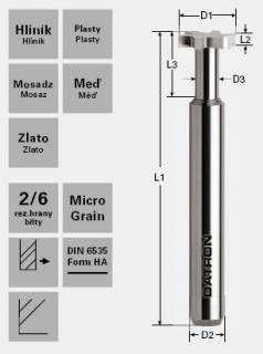 Fréza T drážky K30/K40; D1=15,0 / D2=6,0 / D3=6,0 / L1=50 / L2=3,0 / L3=25,0 mm