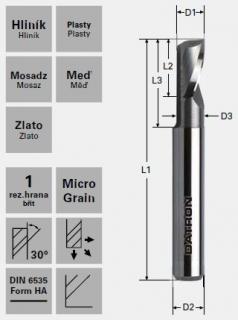 Jednobritá fréza vyvážená; D1=6,0 / D2=6,0 / D3=5,5 / L1=50 / L2=10 / L3=16,0