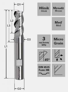 Trojbritá fréza 30°; D1=6,0 / D2=6.0 / D3=5,7 / L1=58 / L2=13,0mm / L3=19