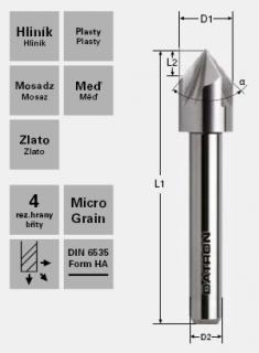 Záhlbník; a=100° / D1=8,0 / D2=6,0 / L1=50 / L2=5,0mm