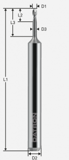 Dvojbritá guľová fréza, podbrúsená; D1=0,4 / D2=3,0 / D3=0,35 / L1=40,0 / L2=0,60 / L3=2,0 / R=0,2