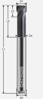 Torická štvorbritá fréza povlakovaná 30°; D1=3,0 / D2=6,0 / D3=2,7 / L1=50 / L2=4,0 / L3=18 / R=0,3