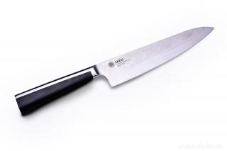 SAKAI 67 CHEF nôž šéfkuchára (Čepeľ týchto nožov je vyrábaná ručne z 67 vrstiev damascénskej ocele zložitým procesom vrstvenie a prekladanie ocelí s rôznym obsahom uhlíka. Výsledkom je luxusný štrukturálny vzor na čepeli, ktorý je vďaka ručnej výrobe)