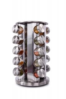 SPICER CAROUSEL koreničkový kolotoč (Otočný stojan z leštenej nerezovej ocele so sklenenými koreničkami. Päťposchodový - 20 koreničiek.)