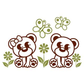 Samolepka na zeď dva medvedíci s kvetinami, nálepka na stěnu (17106)