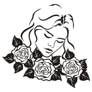 Samolepka na zeď ženská tvár s ružami, nálepka na stěnu (13141)