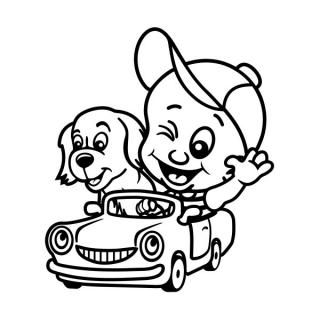 Samolepka na auto Chlapec a pes v autíčku, nálepka dieťa v aute s menom dieťaťa (22486)
