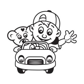 Samolepka na auto Chlapec s medvedíkom v aute, nálepka dieťa v aute s menom dieťaťa (22390)