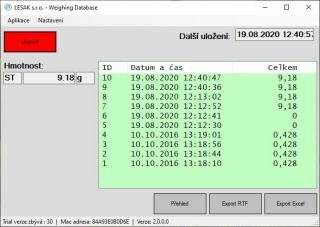LESAK SW Časový Záznam vážení  (Program, který Vám bude sledovat průběh vážení v čase a ukládat do archivu)