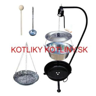 Nerezový kotlík 10 L (1,2 mm) INOX + smaltovaná panvica + ohnisko so stojanom a s poistnou kladkou VAR (Nerezový kotlík 10 L (1,2 mm) INOX + smaltovaná panvica s retiazkou + vareška + naberačka + ohnisko so stojanom a s poistnou kladkou VAR)
