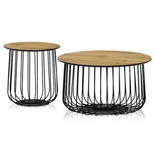 Autronic Set 2ks stolíkov, pr.60x34, pr.37x37 cm, dosky MDF, 3D dekor divoký dub, kovová drôtená podnož, čierny mat AF-3007 OAK