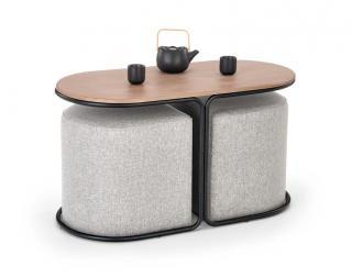 Halmar PAMPA, konferenčný stolík s taburetmi, doska: orech, nohy: čierne, taburet: šedý