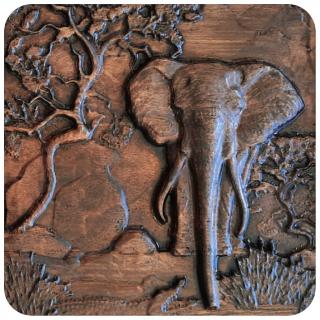 Drevený obraz - Afrika Slon Buk, Hnedá zem, 26 x 24 cm